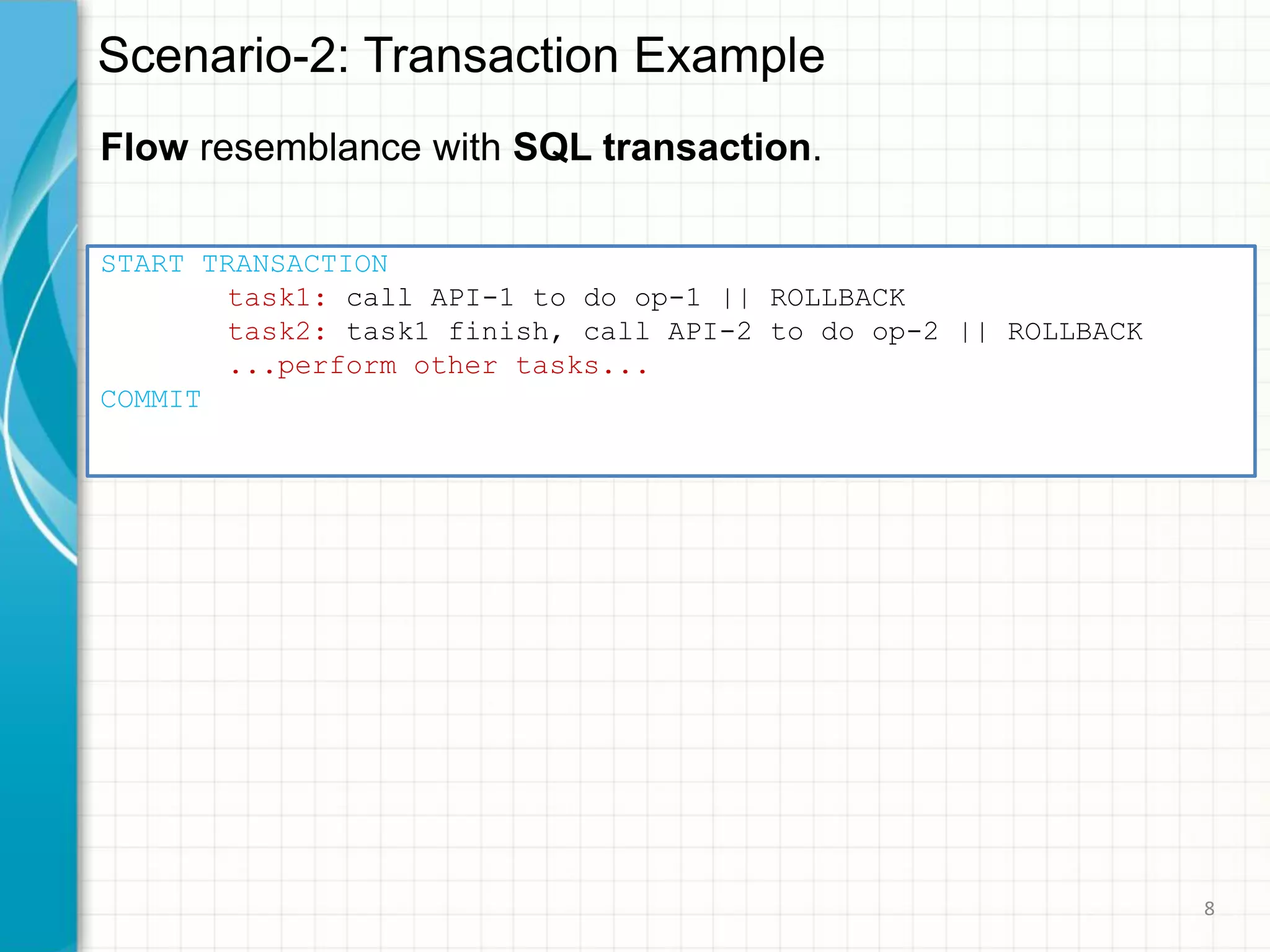 Scenario-2: Transaction Example
Flow resemblance with SQL transaction.
START TRANSACTION
task1: call API-1 to do op-1 || ROLLBACK
task2: task1 finish, call API-2 to do op-2 || ROLLBACK
...perform other tasks...
COMMIT
8
 
