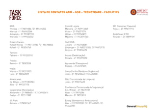 TASK
FORCE
LISTA DE CONTATOS ADM – GSB – TECNOTRADE - FACILITIES
BRR:
Melissa – 11 78071086 / 21 991496344
Marcus – 11 966963344
Armando – 21 991287722
Marcello – 11 999456552
Ribeiro Caram:
Rafael Morais – 11 987131782 / 21 986788006
Rafael – 21 983054769
Temom:
Fabiano – 11 991253310
Prodac:
Ademir – 21 78583558
Itrace:
Marcio – 21 982219922
Luiz – 21 980342829
Americanet:
Ed Wilson – 21 991853583
Alex – 21 999337170
Cooperativa (Reciclados):
Alexandre – 21 988860511 / 21 38955614
Evelyn – 21 997111382
GS Park
Adriano – 2178501367
Comitê Lojista
Mariana – 21 969914849
Victor – 21 976571074
Uillian – 21 992965879
Mazinho – 11 943591740
Staff GSB:
Juliano – 21 964968381
Linderger – 21 968331030 / 21 996472970
Greyce – 21 972074693
Asseio (Dedetização):
Renato – 21 993395590
Agroverde (Paisagismo)
Robson – 21 24101235
Santa Cecília (Resíduos Orgânicos):
João – 21 78145064 / 21 26626000
THL (Terceirizada de Limpeza):
João – 21 970315428
Confidence (Terceirizada de Segurança):
Cel. Willian – 21 78378101
Alves – 21 78976386
Marcio – 21 78713015
Enseg (Bombeiros e Ambulatório)
Alex – 21 970293391 / 21 973682433 / 21
993445987
MC Divisórias (Tapume)
Paula – 21 999671973
AmbClean (ETE)
Ricardo – 21 78899109
 