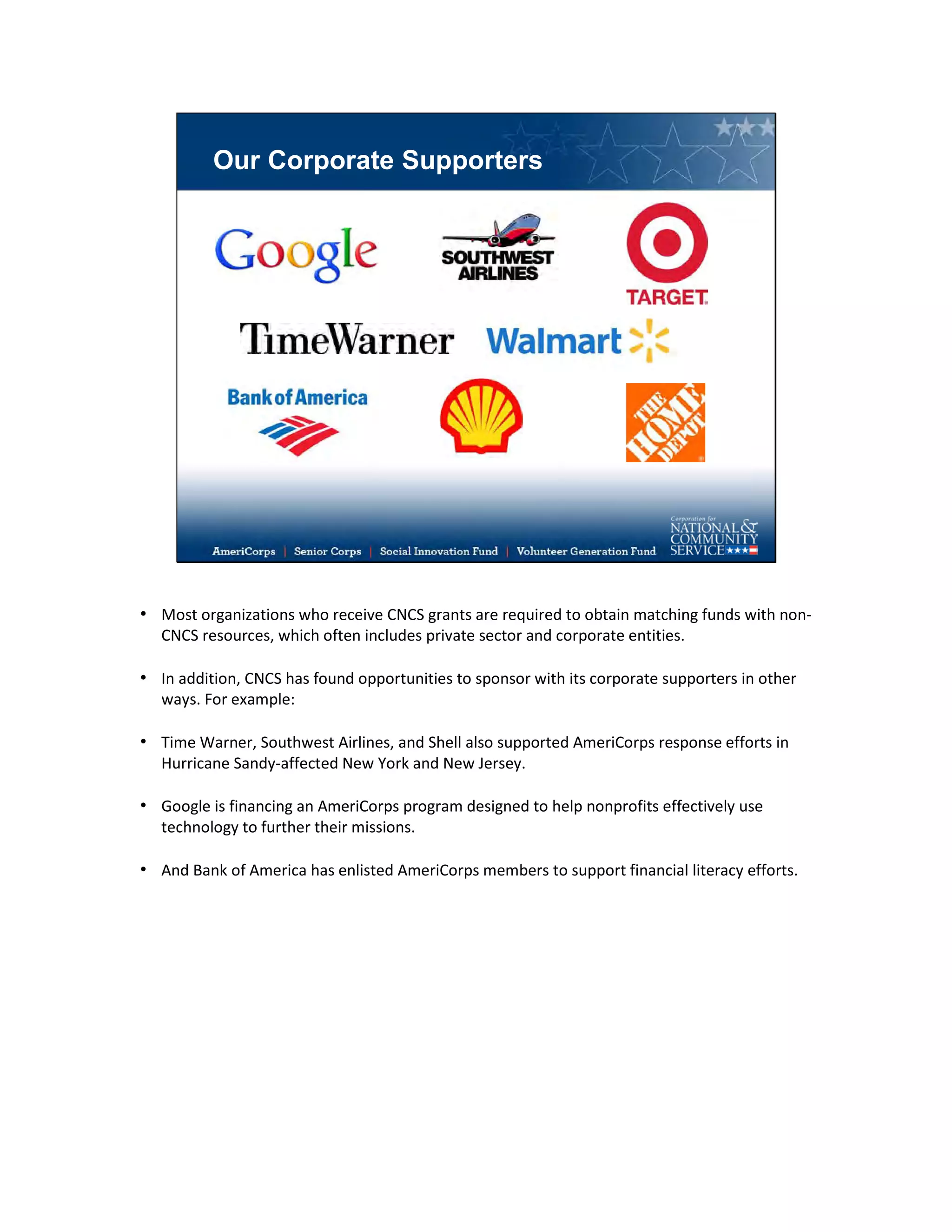 Our Corporate Supporters
• Most organizations who receive CNCS grants are required to obtain matching funds with non-
CNCS resources, which often includes private sector and corporate entities.
• In addition, CNCS has found opportunities to sponsor with its corporate supporters in other
ways. For example:
• Time Warner, Southwest Airlines, and Shell also supported AmeriCorps response efforts in
Hurricane Sandy-affected New York and New Jersey.
• Google is financing an AmeriCorps program designed to help nonprofits effectively use
technology to further their missions.
• And Bank of America has enlisted AmeriCorps members to support financial literacy efforts.
 