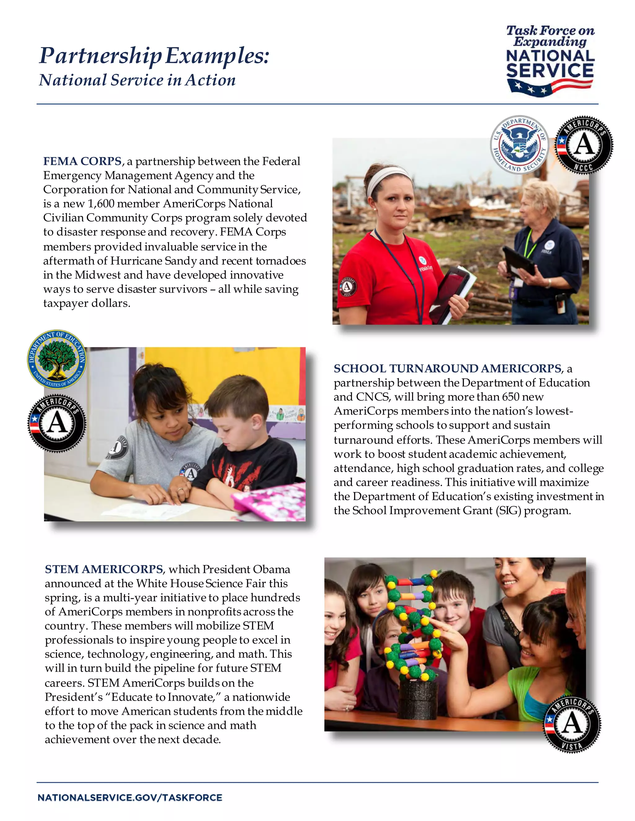 FEMA CORPS, a partnership between the Federal
Emergency Management Agency and the
Corporation for National and Community Service,
is a new 1,600 member AmeriCorps National
Civilian Community Corps program solely devoted
to disaster response and recovery. FEMA Corps
members provided invaluable service in the
aftermath of Hurricane Sandy and recent tornadoes
in the Midwest and have developed innovative
ways to serve disaster survivors – all while saving
taxpayer dollars.
SCHOOL TURNAROUND AMERICORPS, a
partnership between the Department of Education
and CNCS, will bring more than 650 new
AmeriCorps membersinto the nation’s lowest-
performing schools to support and sustain
turnaround efforts. These AmeriCorps members will
work to boost student academic achievement,
attendance, high school graduation rates, and college
and career readiness. This initiative will maximize
the Department of Education’s existing investment in
the School Improvement Grant (SIG) program.
STEM AMERICORPS, which President Obama
announced at the White House Science Fair this
spring, is a multi-year initiative to place hundreds
of AmeriCorps members in nonprofitsacrossthe
country. These members will mobilize STEM
professionals to inspire young people to excel in
science, technology, engineering, and math. This
will in turn build the pipeline for future STEM
careers. STEM AmeriCorps buildson the
President’s “Educate to Innovate,” a nationwide
effort to move American students from the middle
to the top of the pack in science and math
achievement over the next decade.
PartnershipExamples:
National Service in Action
 