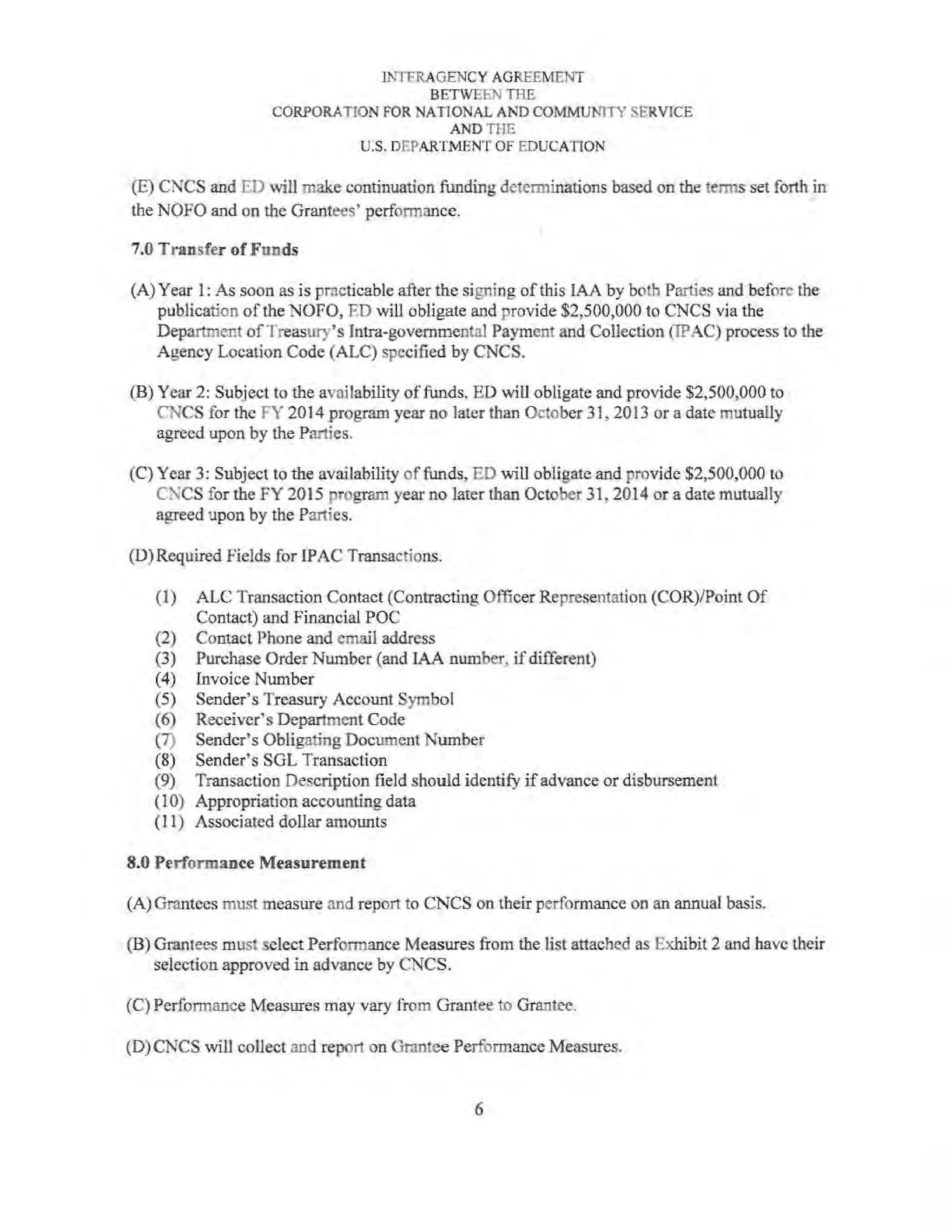INTERAGENCY AGREEMENT
BETWEEN THE
CORPORATION FOR NATIONAL AND COMMUNITY SERVICE
AND TilE
U.S. DEPARTMENT OF EDUCATION
(E) C~CS and ED will make continuation funding detem1inations based on the tenns set forth_in
the NOFO and on the Grantees' performance.
7.0 Transfer of Funds
(A) Year 1: As soon as is practicable after the signing of this IAA by both Parties and before the
publication of the NOFO, ED will obligate and provide $2,500,000 to CNCS via the
Department of Treasury's Intra-governmental Payment and Collection (IPAC) process to the
Agency Location Code (ALC) specified by CNCS.
(B) Year 2: Subject to the availability offunds, ED will obligate and provide $2,500,000 to
CNCS for the FY 2014 program year no later than October 31, 2013 or a date mutually
agreed upon by the Parties.
(C) Year 3: Subject to the availability offunds, ED will obligate and provide $2,500,000 to
CNCS for the FY 2015 program year no later than October 31, 2014 or a date mutually
agreed upon by the Parties.
(D)Required Fields for IPAC Transactions.
(1) ALC Transaction Contact (Contracting Officer Representation (COR)/Point Of
Contact) and Financial POC
(2) Contact Phone and email address
(3) Purchase Order Nwnber (and IAA number, ifdifferent)
(4) Invoice Nwnber
(5) Sender's Treasury Account Symbol
(6) Receiver's Department Code
(7) Sender's Obligating Document Number
(8) Sender's SGL Transaction
(9) Transaction Description field should identify if advance or disbursement
(10) Appropriation accounting data
(11) Associated dollar amounts
8.0 Performance Measurement
(A) Grantees must measure and report to CNCS on their performance on an annual basis.
(B) Grantees must select Performance Measures from the list attached as Exhibit 2 and have their
selection approved in advance by CNCS.
(C) Performance Measures may vary from Grantee to Grantee.
(D) CNCS will collect and report on Grantee Performance Measures.
6
 