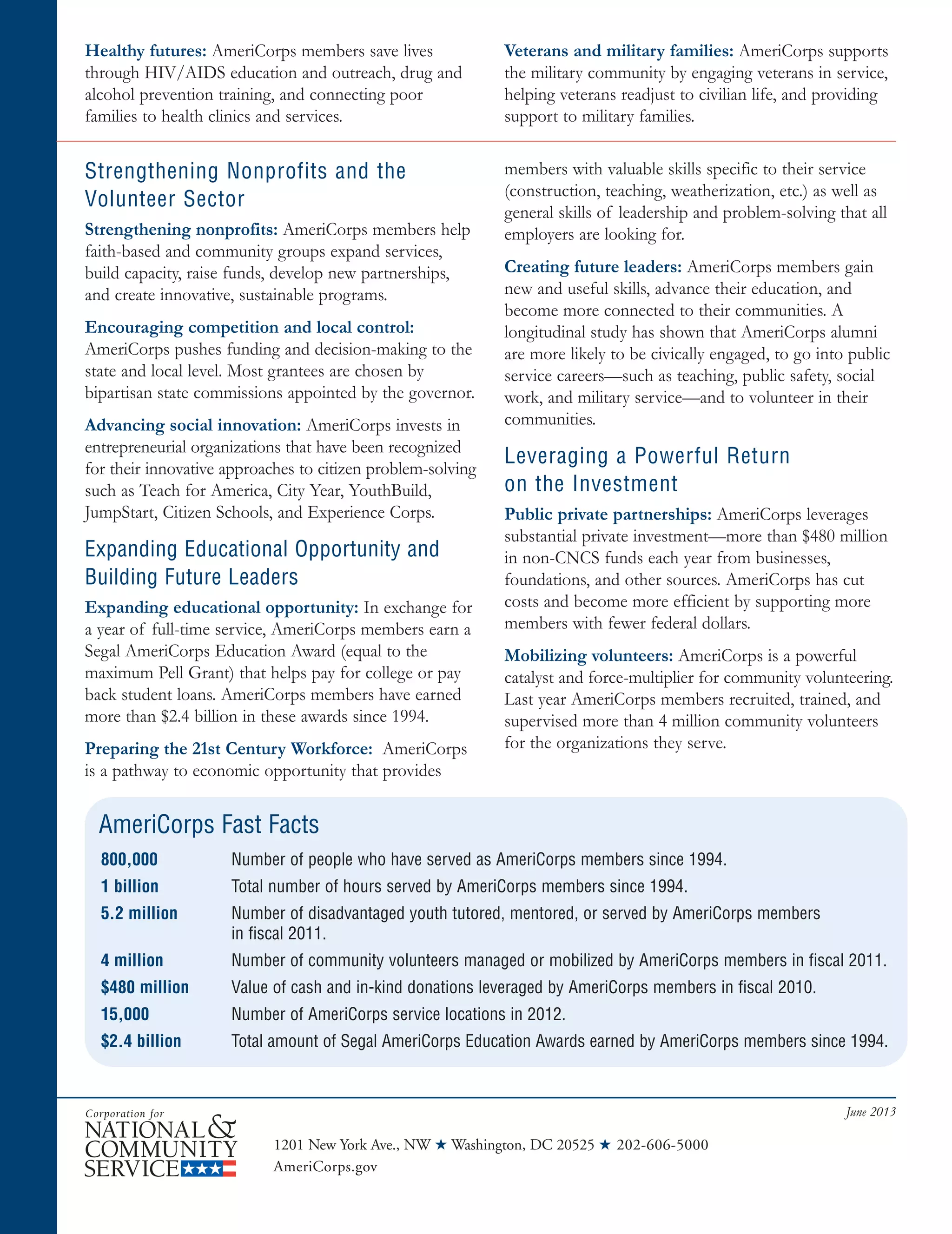 AmeriCorps Fact Sht Jan 2013_SeniorCorpsFSFnl 6/6/2013 2:38 PM Page 2
Healthy futures: AmeriCorps members save lives Veterans and military families: AmeriCorps supports
through HIV/AIDS education and outreach, drug and the military community by engaging veterans in service,
alcohol prevention training, and connecting poor helping veterans readjust to civilian life, and providing
families to health clinics and services. support to military families.
Strengthening Nonprofits and the
Volunteer Sector
Strengthening nonprofits: AmeriCorps members help
faith-based and community groups expand services,
build capacity, raise funds, develop new partnerships,
and create innovative, sustainable programs.
Encouraging competition and local control:
AmeriCorps pushes funding and decision-making to the
state and local level. Most grantees are chosen by
bipartisan state commissions appointed by the governor.
Advancing social innovation: AmeriCorps invests in
entrepreneurial organizations that have been recognized
for their innovative approaches to citizen problem-solving
such as Teach for America, City Year, YouthBuild,
JumpStart, Citizen Schools, and Experience Corps.
Expanding Educational Opportunity and
Building Future Leaders
Expanding educational opportunity: In exchange for
a year of full-time service, AmeriCorps members earn a
Segal AmeriCorps Education Award (equal to the
maximum Pell Grant) that helps pay for college or pay
back student loans. AmeriCorps members have earned
more than $2.4 billion in these awards since 1994.
Preparing the 21st Century Workforce: AmeriCorps
is a pathway to economic opportunity that provides
members with valuable skills specific to their service
(construction, teaching, weatherization, etc.) as well as
general skills of leadership and problem-solving that all
employers are looking for.
Creating future leaders: AmeriCorps members gain
new and useful skills, advance their education, and
become more connected to their communities. A
longitudinal study has shown that AmeriCorps alumni
are more likely to be civically engaged, to go into public
service careers—such as teaching, public safety, social
work, and military service—and to volunteer in their
communities.
Leveraging a Powerful Return
on the Investment
Public private partnerships: AmeriCorps leverages
substantial private investment—more than $480 million
in non-CNCS funds each year from businesses,
foundations, and other sources. AmeriCorps has cut
costs and become more efficient by supporting more
members with fewer federal dollars.
Mobilizing volunteers: AmeriCorps is a powerful
catalyst and force-multiplier for community volunteering.
Last year AmeriCorps members recruited, trained, and
supervised more than 4 million community volunteers
for the organizations they serve.
AmeriCorps Fast Facts
800,000 Number of people who have served as AmeriCorps members since 1994.
1 billion Total number of hours served by AmeriCorps members since 1994.
5.2 million Number of disadvantaged youth tutored, mentored, or served by AmeriCorps members
in fiscal 2011.
4 million Number of community volunteers managed or mobilized by AmeriCorps members in fiscal 2011.
$480 million Value of cash and in-kind donations leveraged by AmeriCorps members in fiscal 2010.
15,000 Number of AmeriCorps service locations in 2012.
$2.4 billion Total amount of Segal AmeriCorps Education Awards earned by AmeriCorps members since 1994.
June 2013
1201 New York Ave., NW ★ Washington, DC 20525 ★ 202-606-5000
AmeriCorps.gov
 