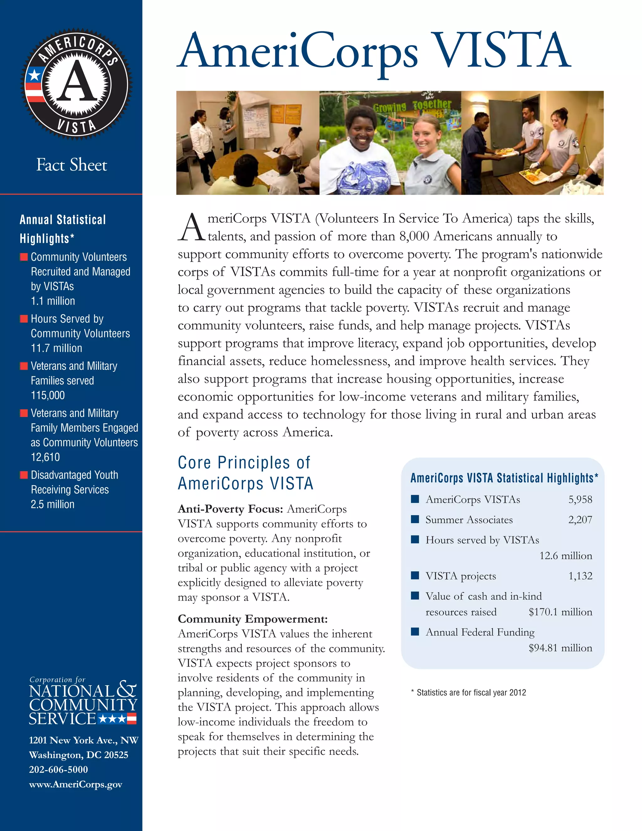 vista fact sheet June 2013_SeniorCorpsFSFnl 6/6/2013 2:46 PM Page 1
Fact Sheet

AmeriCorps VISTA

AmeriCorps VISTA (Volunteers In Service To America) taps the skills,
talents, and passion of more than 8,000 Americans annually to
support community efforts to overcome poverty. The program's nationwide
corps of VISTAs commits full-time for a year at nonprofit organizations or
local government agencies to build the capacity of these organizations
to carry out programs that tackle poverty. VISTAs recruit and manage
community volunteers, raise funds, and help manage projects. VISTAs
support programs that improve literacy, expand job opportunities, develop
financial assets, reduce homelessness, and improve health services. They
also support programs that increase housing opportunities, increase
economic opportunities for low-income veterans and military families,
and expand access to technology for those living in rural and urban areas
of poverty across America.
Core Principles of
AmeriCorps VISTA
Anti-Poverty Focus: AmeriCorps
VISTA supports community efforts to
overcome poverty. Any nonprofit
organization, educational institution, or
tribal or public agency with a project
explicitly designed to alleviate poverty
may sponsor a VISTA.
Community Empowerment:
AmeriCorps VISTA values the inherent
strengths and resources of the community.
VISTA expects project sponsors to
involve residents of the community in
planning, developing, and implementing
the VISTA project. This approach allows
low-income individuals the freedom to
speak for themselves in determining the
projects that suit their specific needs.
■ AmeriCorps VISTAs 5,958
■ Summer Associates 2,207
■ Hours served by VISTAs
12.6 million
■ VISTA projects 1,132
■ Value of cash and in-kind
resources raised $170.1 million
■ Annual Federal Funding
$94.81 million
AmeriCorps VISTA Statistical Highlights*
* Statistics are for fiscal year 2012
Annual Statistical
Highlights*
■ Community Volunteers
Recruited and Managed
by VISTAs
1.1 million
■ Hours Served by
Community Volunteers
11.7 million
■ Veterans and Military
Families served
115,000
■ Veterans and Military
Family Members Engaged
as Community Volunteers
12,610
■ Disadvantaged Youth
Receiving Services
2.5 million
1201 New York Ave., NW
Washington, DC 20525
202-606-5000
www.AmeriCorps.gov
 