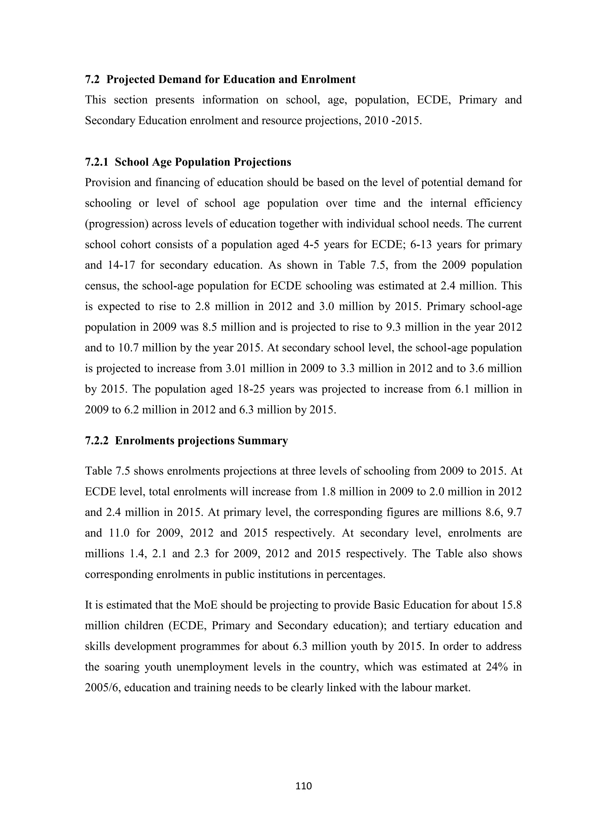 7.2 Projected Demand for Education and Enrolment
This section presents information on school, age, population, ECDE, Primary and
Secondary Education enrolment and resource projections, 2010 -2015.

7.2.1 School Age Population Projections
Provision and financing of education should be based on the level of potential demand for
schooling or level of school age population over time and the internal efficiency
(progression) across levels of education together with individual school needs. The current
school cohort consists of a population aged 4-5 years for ECDE; 6-13 years for primary
and 14-17 for secondary education. As shown in Table 7.5, from the 2009 population
census, the school-age population for ECDE schooling was estimated at 2.4 million. This
is expected to rise to 2.8 million in 2012 and 3.0 million by 2015. Primary school-age
population in 2009 was 8.5 million and is projected to rise to 9.3 million in the year 2012
and to 10.7 million by the year 2015. At secondary school level, the school-age population
is projected to increase from 3.01 million in 2009 to 3.3 million in 2012 and to 3.6 million
by 2015. The population aged 18-25 years was projected to increase from 6.1 million in
2009 to 6.2 million in 2012 and 6.3 million by 2015.
7.2.2 Enrolments projections Summary
Table 7.5 shows enrolments projections at three levels of schooling from 2009 to 2015. At
ECDE level, total enrolments will increase from 1.8 million in 2009 to 2.0 million in 2012
and 2.4 million in 2015. At primary level, the corresponding figures are millions 8.6, 9.7
and 11.0 for 2009, 2012 and 2015 respectively. At secondary level, enrolments are
millions 1.4, 2.1 and 2.3 for 2009, 2012 and 2015 respectively. The Table also shows
corresponding enrolments in public institutions in percentages.
It is estimated that the MoE should be projecting to provide Basic Education for about 15.8
million children (ECDE, Primary and Secondary education); and tertiary education and
skills development programmes for about 6.3 million youth by 2015. In order to address
the soaring youth unemployment levels in the country, which was estimated at 24% in
2005/6, education and training needs to be clearly linked with the labour market.

110

 