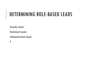 DETERMINING ROLE-BASED LEADS
Faculty lead
Technical leads
Administration lead
?
 