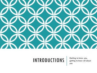 INTRODUCTIONS
Getting to know you,
getting to know all about
you
 