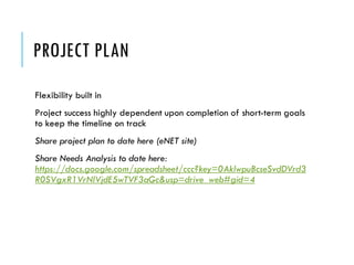 PROJECT PLAN
Flexibility built in
Project success highly dependent upon completion of short-term goals
to keep the timeline on track
Share project plan to date here (eNET site)
Share Needs Analysis to date here:
https://docs.google.com/spreadsheet/ccc?key=0AklwpuBcseSvdDVrd3
R0SVgxR1VrNlVjdE5wTVF3aGc&usp=drive_web#gid=4
 