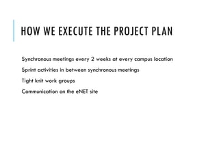 HOW WE EXECUTE THE PROJECT PLAN
Synchronous meetings every 2 weeks at every campus location
Sprint activities in between synchronous meetings
Tight knit work groups
Communication on the eNET site
 
