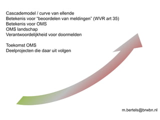 Cascademodel / curve van ellende
Betekenis voor “beoordelen van meldingen” (WVR art 35)
Betekenis voor OMS
OMS landschap
Verantwoordelijkheid voor doormelden
Toekomst OMS
Deelprojecten die daar uit volgen
m.bertels@brwbn.nl
 
