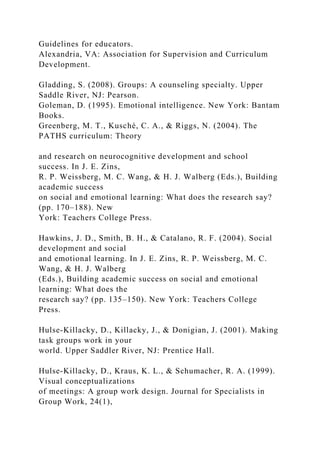 Guidelines for educators.
Alexandria, VA: Association for Supervision and Curriculum
Development.
Gladding, S. (2008). Groups: A counseling specialty. Upper
Saddle River, NJ: Pearson.
Goleman, D. (1995). Emotional intelligence. New York: Bantam
Books.
Greenberg, M. T., Kusché, C. A., & Riggs, N. (2004). The
PATHS curriculum: Theory
and research on neurocognitive development and school
success. In J. E. Zins,
R. P. Weissberg, M. C. Wang, & H. J. Walberg (Eds.), Building
academic success
on social and emotional learning: What does the research say?
(pp. 170–188). New
York: Teachers College Press.
Hawkins, J. D., Smith, B. H., & Catalano, R. F. (2004). Social
development and social
and emotional learning. In J. E. Zins, R. P. Weissberg, M. C.
Wang, & H. J. Walberg
(Eds.), Building academic success on social and emotional
learning: What does the
research say? (pp. 135–150). New York: Teachers College
Press.
Hulse-Killacky, D., Killacky, J., & Donigian, J. (2001). Making
task groups work in your
world. Upper Saddler River, NJ: Prentice Hall.
Hulse-Killacky, D., Kraus, K. L., & Schumacher, R. A. (1999).
Visual conceptualizations
of meetings: A group work design. Journal for Specialists in
Group Work, 24(1),
 