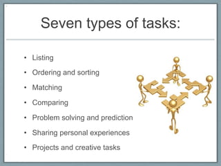 Seven types of tasks:

•  Listing

•  Ordering and sorting

•  Matching

•  Comparing

•  Problem solving and prediction

•  Sharing personal experiences

•  Projects and creative tasks
 