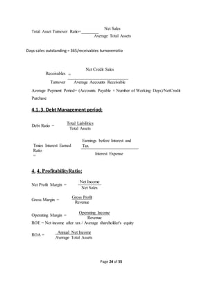 Page 24 of 55
Total Asset Turnover Ratio=
Net Sales
Average Total Assets
Days sales outstanding = 365/receivables turnoverratio
Receivables
Net Credit Sales
=
Turnover Average Accounts Receivable
Average Payment Period= (Accounts Payable × Number of Working Days)/NetCredit
Purchase
4.1. 3. Debt Management period:
Debt Ratio =
Total Liabilities
Total Assets
Tmies Interest Earned
Ratio
=
Earnings before Interest and
Tax
Interest Expense
4. 4. ProfitabilityRatio:
Net Profit Margin =
Net Income
Net Sales
Gross Margin =
Gross Profit
Revenue
Operating Margin =
Operating Income
Revenue
ROE = Net income after tax / Average shareholder's equity
ROA =
Annual Net Income
Average Total Assets
 