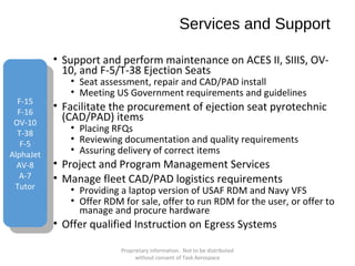 Services and Support
• Support and perform maintenance on ACES II, SIIIS, OV10, and F-5/T-38 Ejection Seats
F-15
F-16
OV-10
T-38
F-5
AlphaJet
AV-8
A-7
Tutor

• Seat assessment, repair and CAD/PAD install
• Meeting US Government requirements and guidelines

• Facilitate the procurement of ejection seat pyrotechnic
(CAD/PAD) items
• Placing RFQs
• Reviewing documentation and quality requirements
• Assuring delivery of correct items

• Project and Program Management Services
• Manage fleet CAD/PAD logistics requirements

• Providing a laptop version of USAF RDM and Navy VFS
• Offer RDM for sale, offer to run RDM for the user, or offer to
manage and procure hardware

• Offer qualified Instruction on Egress Systems
Proprietary information. Not to be distributed
without consent of Task Aerospace

 