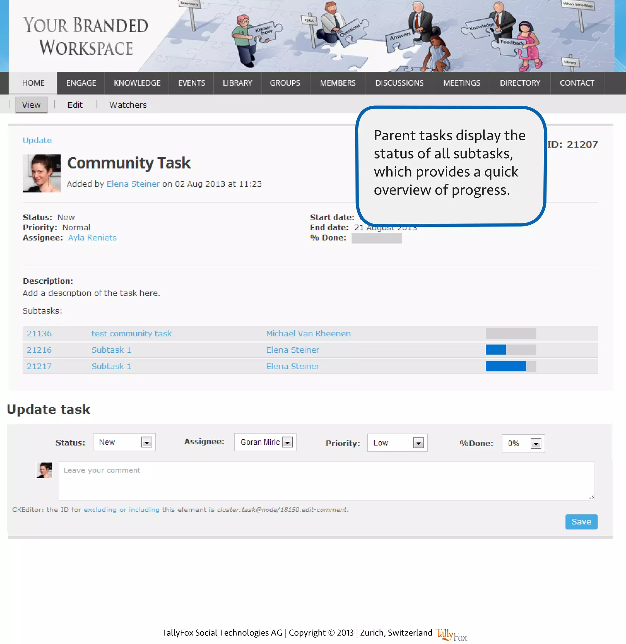 Parent tasks display the
status of all subtasks,
which provides a quick
overview of progress.