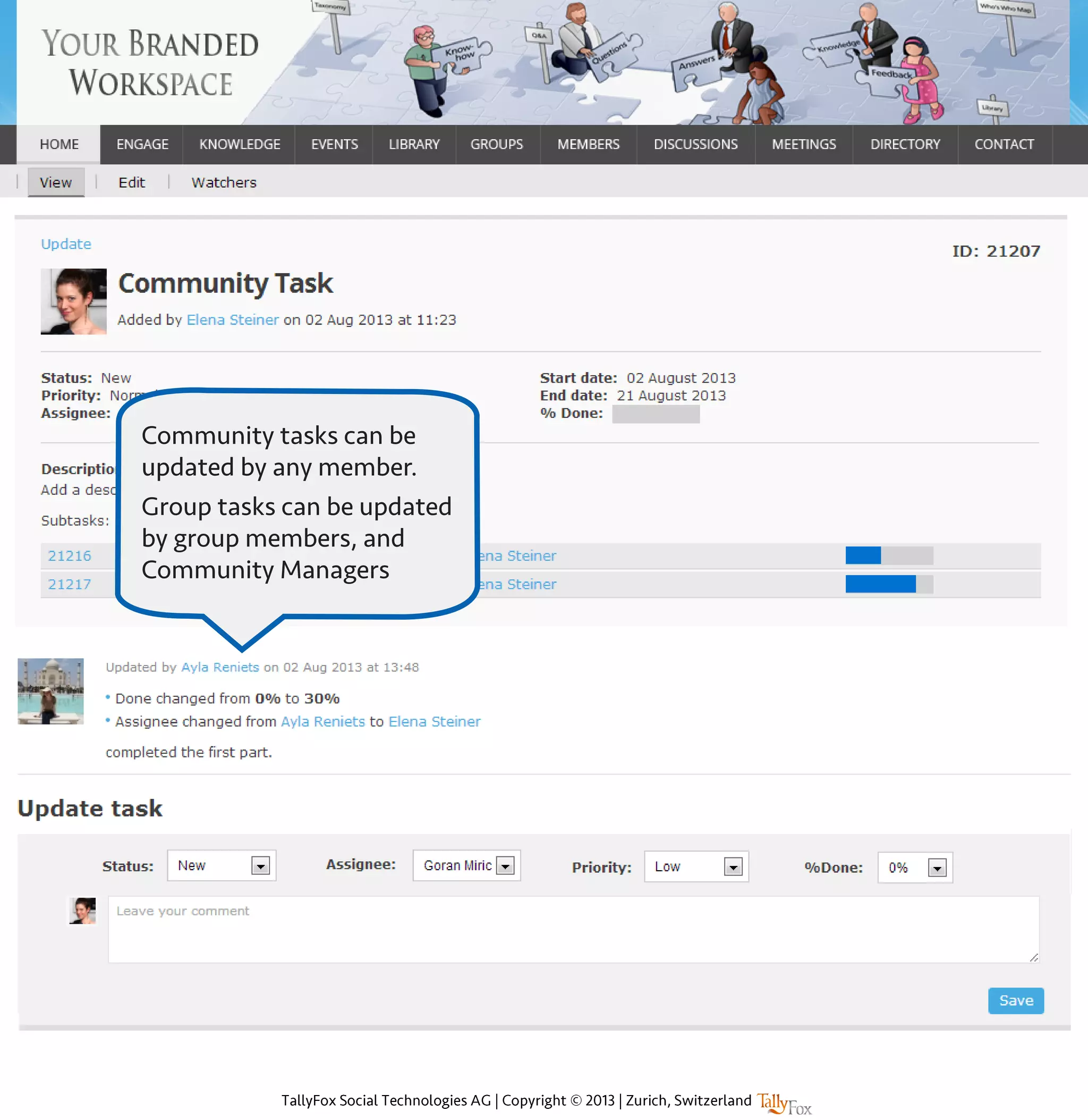 Community tasks can be
updated by any member.
Group tasks can be updated
by group members, and
Community Managers