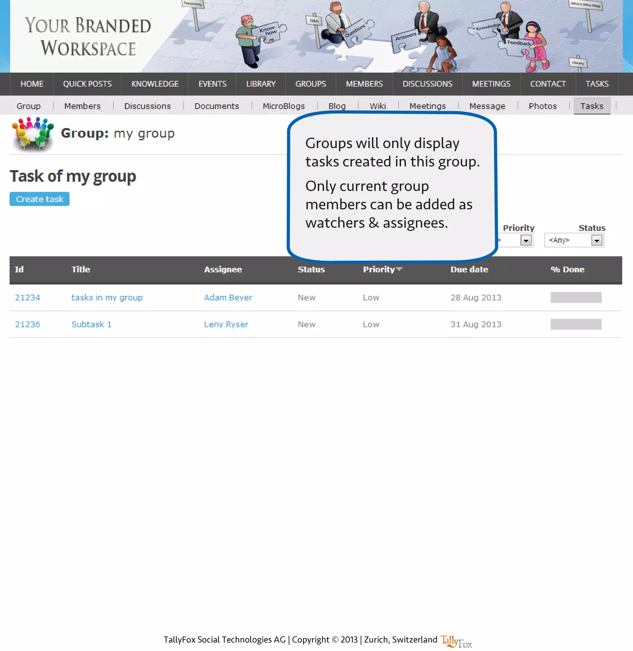 Groups will only display
tasks created in this group.
Only current group
members can be added as
watchers & assignees.