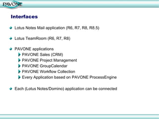 Interfaces Lotus Notes Mail application (R6, R7, R8, R8.5) Lotus TeamRoom (R6, R7, R8) PAVONE applications PAVONE Sales (CRM), PAVONE Project Management PAVONE GroupCalendar, PAVONE Workflow Collection Every Application based on PAVONE ProcessEngine OpenNTF.org applications TaskJam V1.1.0  !!Help!! 2.0 RC1 DE Vacation Request 2.2.8 Each (Lotus Notes/Domino) application can be connected 