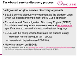 Task-based service discovery process

Background: original service discovery approach
 SeCSE service discovery environment as the platform upon
  which we design and implement the S-Cube approach
 Expansion and Disambiguation Discovery Engine (EDDiE)
  formulates service queries from use case and requirements
  specifications expressed in structured natural language
 EDDiE can be configured to formulate the queries using:
      – information retrieval techniques (full – EDDiE)
      – keyword matching techniques (EDDiE-lite).

 More information on EDDiE:
K. Zachos, N.A.M. Maiden, S. Jones, X. Zhu, Discovering Web Services To Specify More Complete System Requirements,Proc.
    19th Conference on Advanced Information System Engineering (CAiSE'07), pp.142-157, 2007.
 
