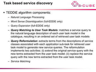 Task based service discovery

 TEDDiE algorithm components:
  – Natural Language Processing
  – Word Sense Disambiguation (full-EDDiE only)
  – Query Expansion (full-EDDiE only)
  – Query Matching to User Task Models: matches a service query to
    the natural language description of each user task model in the
    catalogue, resulting in an ordered set of retrieved user task models
  – Query Reformulation: extracts terms from the descriptions of service
    classes associated with each application sub-task for retrieved user
    task model to generate new service queries. The reformulation
    implements two activities: (i) extend the original service query with the
    new terms extracted from the user task model; (ii) replace the service
    query with the new terms extracted from the user task model.
  – Service Matching
 