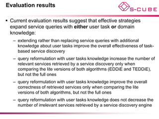 Evaluation results

 Current evaluation results suggest that effective strategies
  expand service queries with either user task or domain
  knowledge:
   – extending rather than replacing service queries with additional
     knowledge about user tasks improve the overall effectiveness of task-
     based service discovery
   – query reformulation with user tasks knowledge increase the number of
     relevant services retrieved by a service discovery only when
     comparing the lite versions of both algorithms (EDDiE and TEDDiE),
     but not the full ones
   – query reformulation with user tasks knowledge improve the overall
     correctness of retrieved services only when comparing the lite
     versions of both algorithms, but not the full ones
   – query reformulation with user tasks knowledge does not decrease the
     number of irrelevant services retrieved by a service discovery engine
 