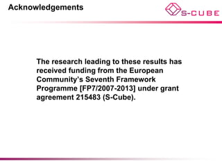Acknowledgements




      The research leading to these results has
      received funding from the European
      Community’s Seventh Framework
      Programme [FP7/2007-2013] under grant
      agreement 215483 (S-Cube).
 