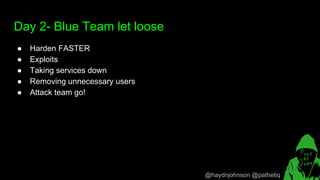 @haydnjohnson @pathetiq
Day 2- Blue Team let loose
● Harden FASTER
● Exploits
● Taking services down
● Removing unnecessary users
● Attack team go!
 