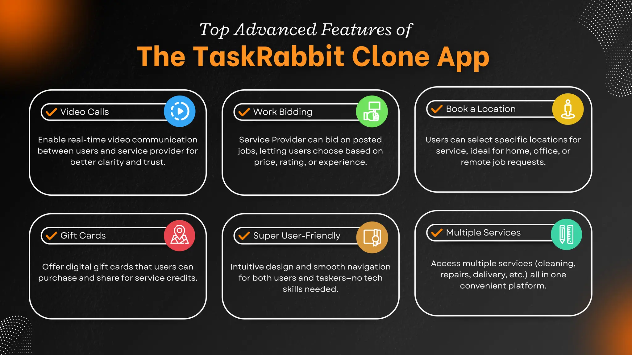 Enable real-time video communication
between users and service provider for
better clarity and trust.
Service Provider can bid on posted
jobs, letting users choose based on
price, rating, or experience.
Users can select specific locations for
service, ideal for home, office, or
remote job requests.
Offer digital gift cards that users can
purchase and share for service credits.
Intuitive design and smooth navigation
for both users and taskers—no tech
skills needed.
Access multiple services (cleaning,
repairs, delivery, etc.) all in one
convenient platform.
 