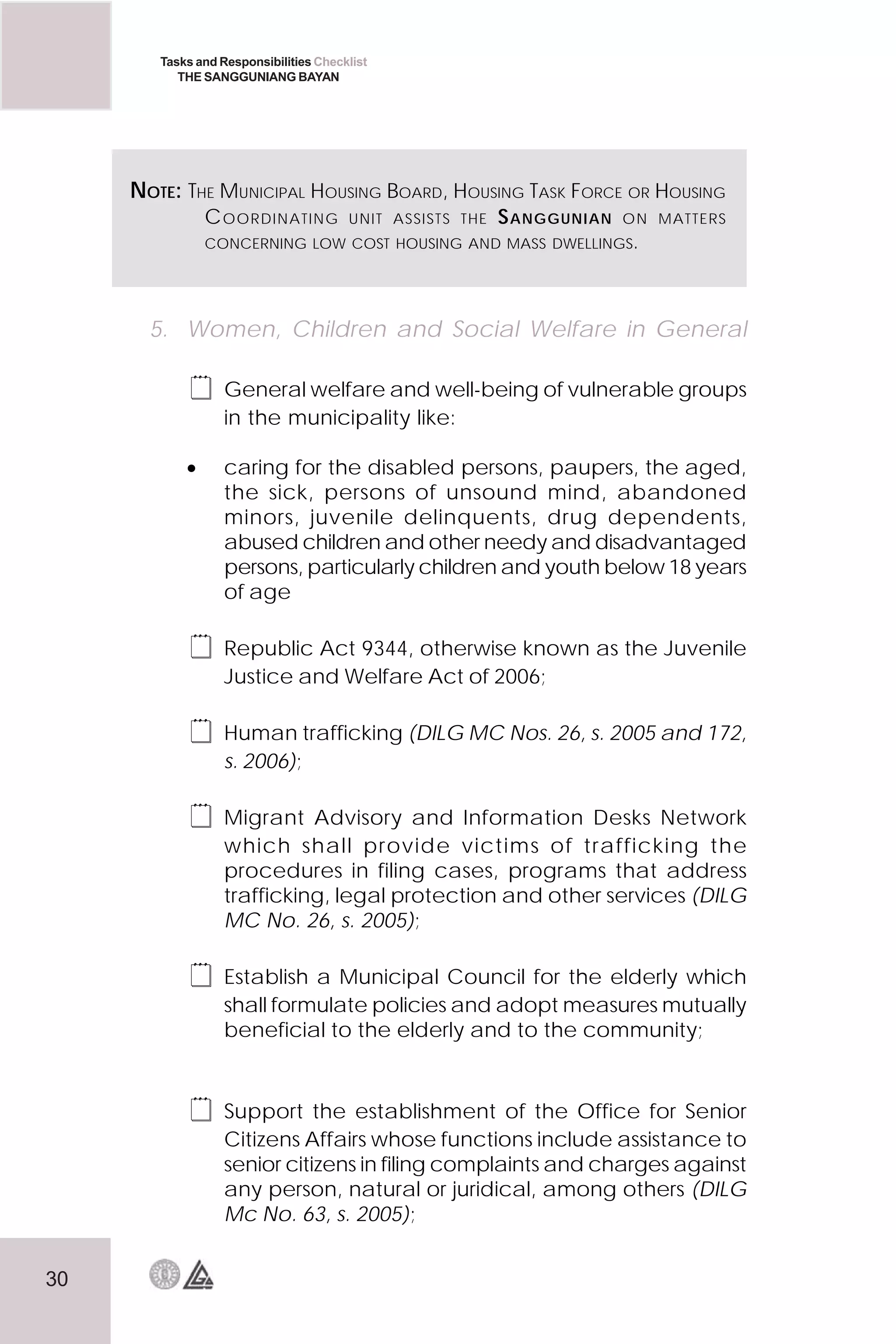 30
Tasks and Responsibilities Checklist
THE SANGGUNIANG BAYAN
5. Women, Children and Social Welfare in General
 General welfare and well-being of vulnerable groups
in the municipality like:
• caring for the disabled persons, paupers, the aged,
the sick, persons of unsound mind, abandoned
minors, juvenile delinquents, drug dependents,
abused children and other needy and disadvantaged
persons, particularly children and youth below 18 years
of age
 Republic Act 9344, otherwise known as the Juvenile
Justice and Welfare Act of 2006;
 Human trafficking (DILG MC Nos. 26, s. 2005 and 172,
s. 2006);
 Migrant Advisory and Information Desks Network
which shall provide victims of trafficking the
procedures in filing cases, programs that address
trafficking, legal protection and other services (DILG
MC No. 26, s. 2005);
 Establish a Municipal Council for the elderly which
shall formulate policies and adopt measures mutually
beneficial to the elderly and to the community;
 Support the establishment of the Office for Senior
Citizens Affairs whose functions include assistance to
senior citizens in filing complaints and charges against
any person, natural or juridical, among others (DILG
Mc No. 63, s. 2005);
NOTE: THE MUNICIPAL HOUSING BOARD, HOUSING TASK FORCE OR HOUSING
COORDINATING UNIT ASSISTS THE SANGGUNIAN ON MATTERS
CONCERNING LOW COST HOUSING AND MASS DWELLINGS.
 