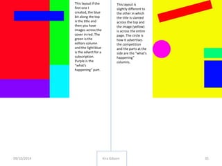 09/10/2014 Kira Gibson 35
This layout if the
first one I
created, the blue
bit along the top
is the title and
then you have
images across the
cover in red. The
green is the
editors column
and the light blue
is the advert for a
subscription.
Purple is the
“what’s
happening” part.
This layout is
slightly different to
the other in which
the title is slanted
across the top and
the image (yellow)
is across the entire
page. The circle is
how it advertises
the competition
and the parts at the
side are the “what’s
happening”
columns.
 