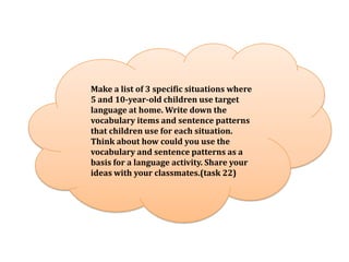 Make a list of 3 specific situations where
5 and 10-year-old children use target
language at home. Write down the
vocabulary items and sentence patterns
that children use for each situation.
Think about how could you use the
vocabulary and sentence patterns as a
basis for a language activity. Share your
ideas with your classmates.(task 22)
 