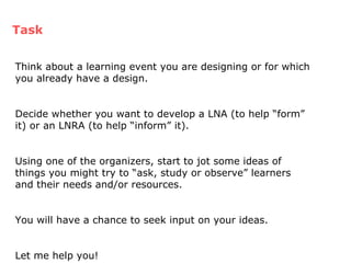 Task Think about a learning event you are designing or for which you already have a design. Decide whether you want to develop a LNA (to help “form” it) or an LNRA (to help “inform” it). Using one of the organizers, start to jot some ideas of things you might try to “ask, study or observe” learners and their needs and/or resources. You will have a chance to seek input on your ideas. Let me help you! 