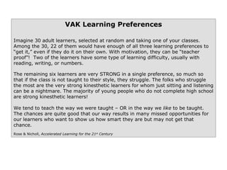 VAK Learning Preferences Imagine 30 adult learners, selected at random and taking one of your classes. Among the 30, 22 of them would have enough of all three learning preferences to “get it,” even if they do it on their own. With motivation, they can be “teacher proof”!  Two of the learners have some type of learning difficulty, usually with reading, writing, or numbers.  The remaining six learners are very STRONG in a single preference, so much so that if the class is not taught to their style, they struggle. The folks who struggle the most are the very strong kinesthetic learners for whom just sitting and listening can be a nightmare. The majority of young people who do not complete high school are strong kinesthetic learners! We tend to teach the way we were taught – OR in the way we  like  to be taught. The chances are quite good that our way results in many missed opportunities for our learners who want to show us how smart they are but may not get that chance. Rose & Nicholl,  Accelerated Learning for the 21 st  Century 