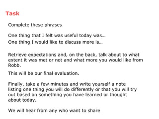 Finally, take a few minutes and write yourself a note listing one thing you will do differently or that you will try out based on something you have learned or thought about today. We will hear from any who want to share  Task Complete these phrases One thing that I felt was useful today was… One thing I would like to discuss more is…   Retrieve expectations and, on the back, talk about to what extent it was met or not and what more you would like from Robb.  This will be our final evaluation. 