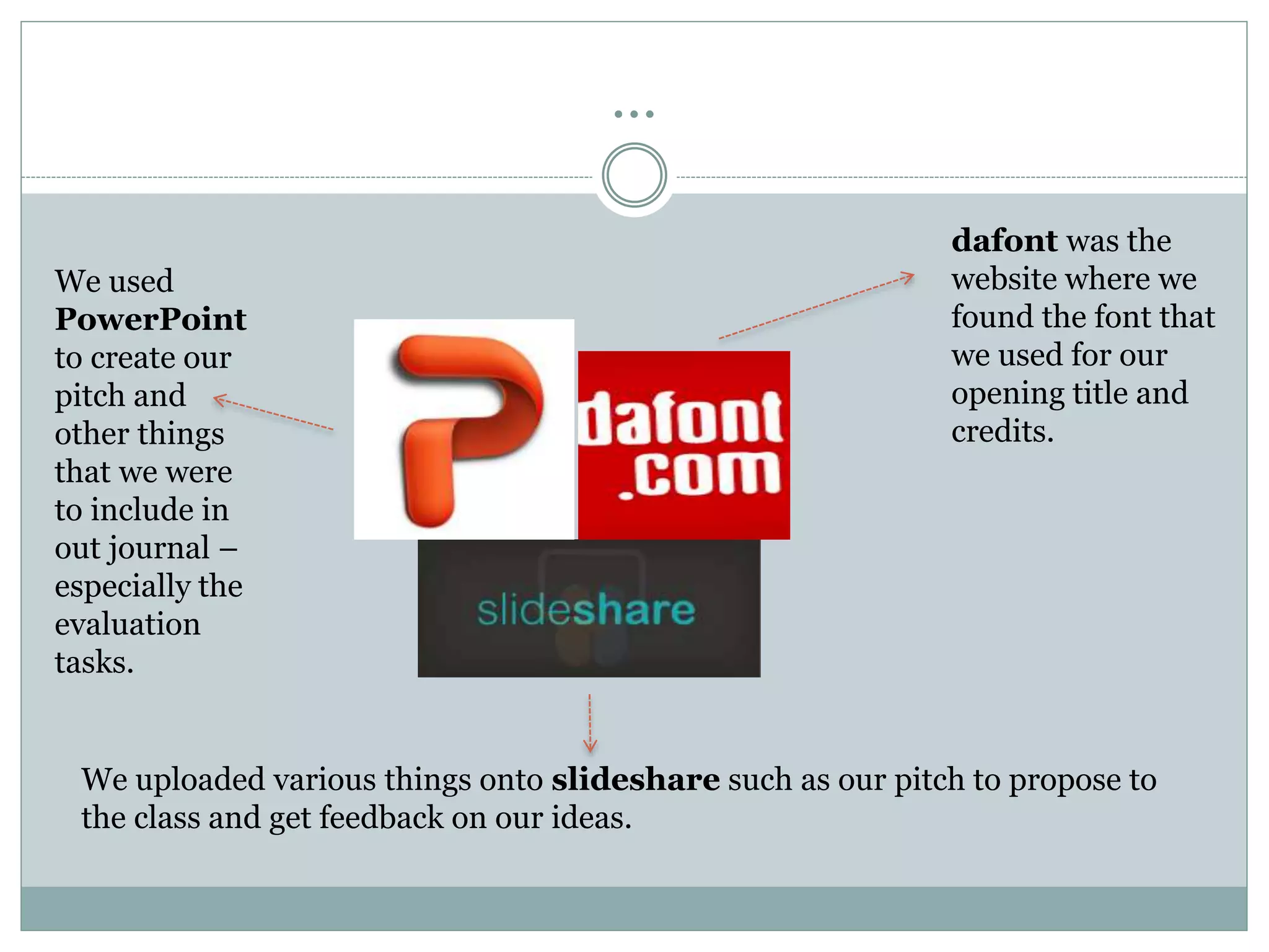 …
dafont was the
website where we
found the font that
we used for our
opening title and
credits.
We uploaded various things onto slideshare such as our pitch to propose to
the class and get feedback on our ideas.
We used
PowerPoint
to create our
pitch and
other things
that we were
to include in
out journal –
especially the
evaluation
tasks.
 