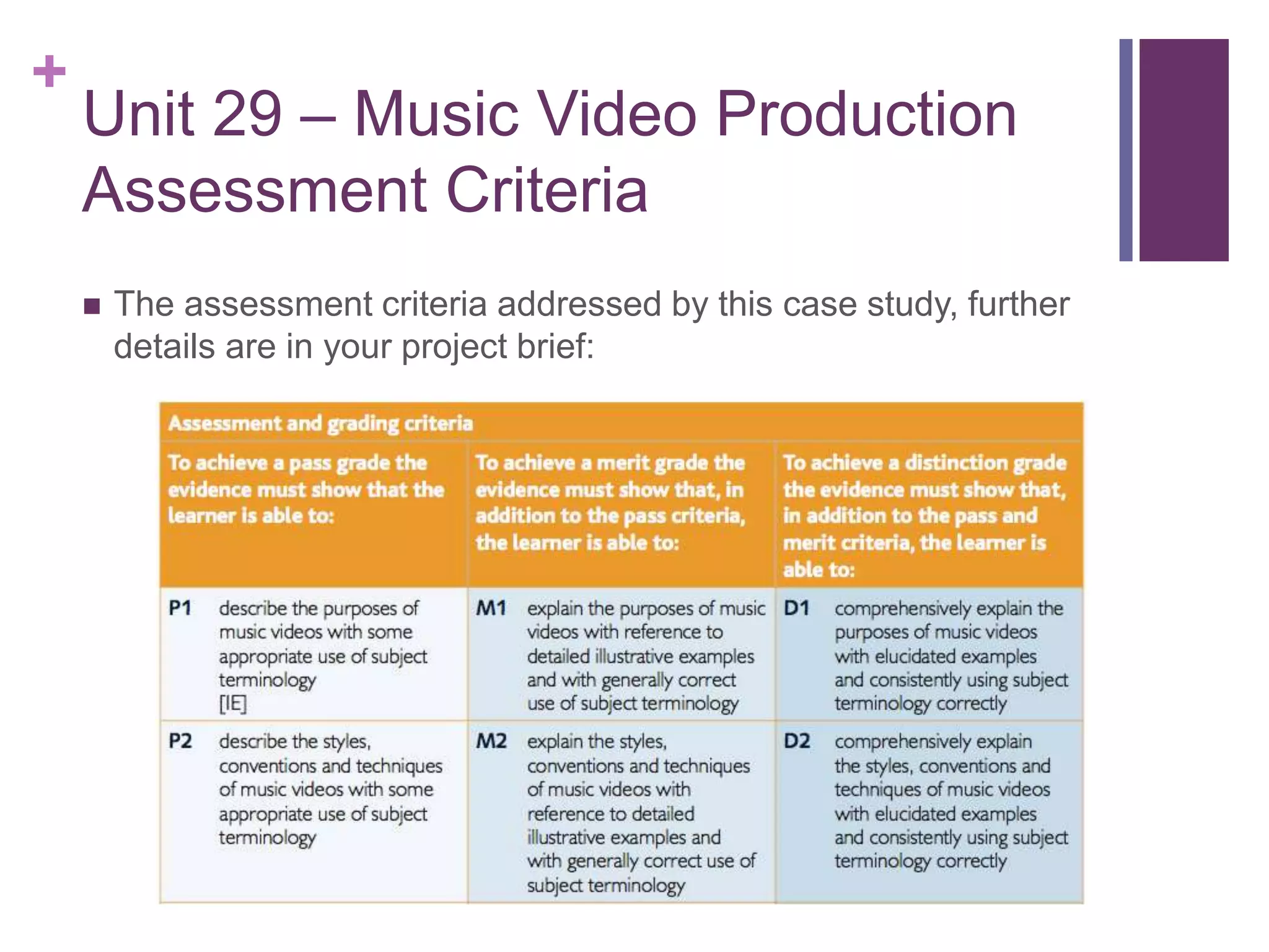 +
Unit 29 – Music Video Production
Assessment Criteria
 The assessment criteria addressed by this case study, further
details are in your project brief:
 