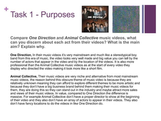 +
Task 1 - Purposes
Compare One Direction and Animal Collective music videos, what
can you discern about each act from their videos? What is the main
aim? Explain why.
One Direction, In their music videos it’s very mainstream and much like a stereotypical boy
band from this era of music, the video looks very well made and big value you can tell by the
number of actors that appear in the video and by the location of the videos. It is also more
professional than the Animal Collective music videos as at the start of every video they
display who directed the video making it look more like a short film.
Animal Collective, Their music videos are very niche and alternative from most mainstream
music videos, the reason behind this obscure theme of music video is because they are
relatively unknown meaning they can afford to explore different themes to be more artistic and
because they don’t have a big business brand behind them making their music videos for
them, they are doing this so they can stand out in the industry and maybe attract more sales
and views of their music videos. In value, compared to One Direction the difference is
massive. For example Animal Collective don’t have a proper director to show at the beginning
of their video and they also don’t have an array of actors to appear in their videos. They also
don’t have fancy locations to do the videos in like One Direction do.
 