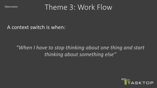 A context switch is when:
“When I have to stop thinking about one thing and start
thinking about something else”
Theme 3: Work FlowObservation
 