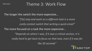 The longer the switch the more expensive…
“[To] stop and work on a different task is a more
costly context switch that writing a quick email”
The more focused on a task the more expensive…
“Depends on where I was, if it was a critical section, it is
really hard to get back to focus on that task, even if it was for
like 30 seconds”
Theme 3: Work FlowObservation
 
