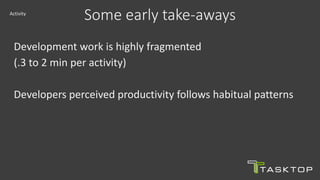 Development work is highly fragmented
(.3 to 2 min per activity)
Developers perceived productivity follows habitual patterns
Some early take-awaysActivity
 