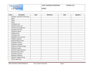 TASK TRAINING PROGRAM              CESSNA 152
                                                       NAME :


Sr.No.              Description           Type                  Reference          Date                Signature
    47   Check control for correct assy
    48   a/c
    49   a/c
    50   a/c
    51   Replace seat
    52   Check inertia reel
    53   Check fire extinguisher
    54   replace fuel tank
    55   Build up wheel
    56   Bleed brake
    57   Charge strut
    58   Replace vaccum pump
    59   Adjust regulator
    60   Check/Replace filter
    61   Replace wing tip
    62   Replace propeller
    63   Dress out blade damage
    64   Replace engine
    65   Check Tappet clearance
    66   Compression Check
    67   Install carburetor
    68   Replace Magneto
    69   Check magnetoTiming
    70   Test spark Plug


OFPL-RTD-002-TTPB/CESSNA152               Rev.1 Dated 19.06.2011               Page 4
 
