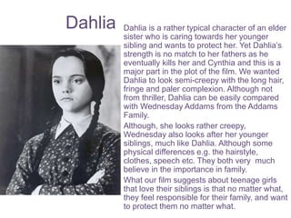 Dahlia Dahlia is a rather typical character of an elder
sister who is caring towards her younger
sibling and wants to protect her. Yet Dahlia’s
strength is no match to her fathers as he
eventually kills her and Cynthia and this is a
major part in the plot of the film. We wanted
Dahlia to look semi-creepy with the long hair,
fringe and paler complexion. Although not
from thriller, Dahlia can be easily compared
with Wednesday Addams from the Addams
Family.
Although, she looks rather creepy,
Wednesday also looks after her younger
siblings, much like Dahlia. Although some
physical differences e.g. the hairstyle,
clothes, speech etc. They both very much
believe in the importance in family.
What our film suggests about teenage girls
that love their siblings is that no matter what,
they feel responsible for their family, and want
to protect them no matter what.
 