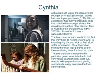 Cynthia
Although much unlike the stereotypical
younger sister look (blue eyes, blonde
hair, much younger looking). Cynthia as
a character has many personality traits
that match other younger sisters that
also depend on their older sisters. This
is much like the character Lily in the
2013 film ‘Mama’ which was a
supernatural horror.
The two characters are similar in the fact
that they both do no understand what is
exactly going on, and look to their elder
sister for answers. They depend on
them rather than their parents due to
them not being there for them as much.
The two characters represent this
particular group in society due to their
very typical younger sister traits e.g.
Always asking questions and getting
scared quite easily compared to their
elder siblings.
 