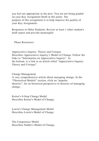 you feel are appropriate in the post. You are not being graded
on your Key Assignment Draft at this point. The
purpose of this assignment is to help improve the quality of
your Key Assignment.
Responses to Other Students: Review at least 1 other student's
draft report and provide meaningful
Phase Resources:
Appreciative Inquiry: Theory and Critique
Describes Appreciative Inquiry’s Model of Change. Follow the
links to “Information on Appreciative Inquiry”. At
the bottom, is a link to an article titled “Appreciative Inquiry:
Theory and Critique”.
Change Management
A very comprehensive article about managing change. In the
“Theoretical Models” section, click on “popular
theories”, for an historical perspective to theories of managing
change.
Kotter's 8-Step Change Model
Describes Kotter's Model of Change.
Lewin's Change Management Model
Describes Lewin's Model of Change
The Congruence Model
Describes Nadler's Model of Change.
 
