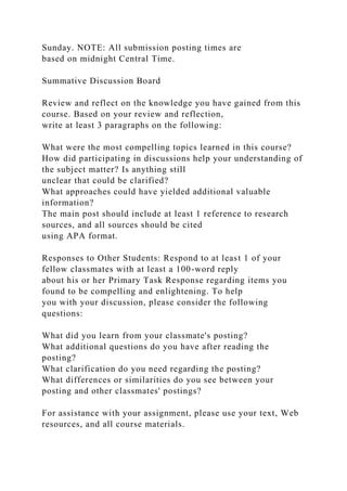 Sunday. NOTE: All submission posting times are
based on midnight Central Time.
Summative Discussion Board
Review and reflect on the knowledge you have gained from this
course. Based on your review and reflection,
write at least 3 paragraphs on the following:
What were the most compelling topics learned in this course?
How did participating in discussions help your understanding of
the subject matter? Is anything still
unclear that could be clarified?
What approaches could have yielded additional valuable
information?
The main post should include at least 1 reference to research
sources, and all sources should be cited
using APA format.
Responses to Other Students: Respond to at least 1 of your
fellow classmates with at least a 100-word reply
about his or her Primary Task Response regarding items you
found to be compelling and enlightening. To help
you with your discussion, please consider the following
questions:
What did you learn from your classmate's posting?
What additional questions do you have after reading the
posting?
What clarification do you need regarding the posting?
What differences or similarities do you see between your
posting and other classmates' postings?
For assistance with your assignment, please use your text, Web
resources, and all course materials.
 