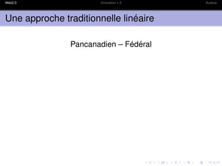 Web2.0                 Innovation x 3   Audace




Une approche traditionnelle linéaire

               Pancanadien – Fédéral
 