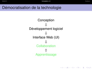 Web2.0                 Innovation x 3   Audace




Démocratisation de la technologie


                    Conception
                            ⇓
               Développement logiciel
                            ⇓
                 Interface Web (UI)
                            ⇓
                   Collaboration
                            ⇑
                   Apprentissage
 