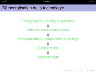 Web2.0                    Innovation x 3           Audace




Démocratisation de la technologie


           Émergence de nouveaux systèmes
                               ⇑
               Offre de services distribués
                               ⇑
         Personnalisation, composition & partage
                               ⇑
                      Collaboration
                               ⇑
                     Apprentissage
 