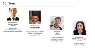 10. Team
Mateo Morrison
CEO, Co-Founder
United States
Growth Hacker
Idea to Prototype in 2 weeks
Hacked on-demand marketplaces
Daniel Guerrero
CTO, Co-Founder
Dominican Republic
Recognized by the UN, UNICEF
Develop for Governments
Hacked Java + PHP
Jon Cronin
CMO
United States
19 years of experience
Award-winning digital
marketing campaigns
Tanya Mendez
COO, Exec Head Designer
United States
Forbes’ 30 under 30
Employer at Google
 