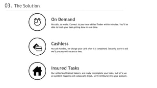 03. The Solution
No calls, no waits. Connect to your near skilled Tasker within minutes. You’ll be
able to track your task getting done in real-time.
On Demand
No cash handed, we charge your card after it’s completed. Securely store it and
we’ll process with no extra fees.
Cashless
Our vetted and trained taskers, are ready to complete your tasks, but let’s say
an accident happens and a glass gets break, we’ll reimburse it to your account.
Insured Tasks
 