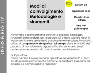 Aumentare il coinvolgimento del utente pubblico (impiegati,
funzionari, stakeholders), dei ricercatori ICT e delle aziende locali in
modo da stimolare servizi della pubblica amministrazione innovativi..
Utilizzo di un approccio etnografico sul campo dove le criticità del
processo di cambiamento organizzativo si creano nella prassi
contemporaneamente alla attuazione del cambiamento
Es. Opendata
Come cambia il lavoro facendo opendata->aumentare la cultura
del dato come elemento che permette di cambiare il rapporto tra
cittadini ed amministrazione (opengov)
Modi di
coinvolgimento
Metodologie e
strumenti
Bottom-up
Esperienze reali
Condivisione
diffusa
Find the
gatekeeper
 